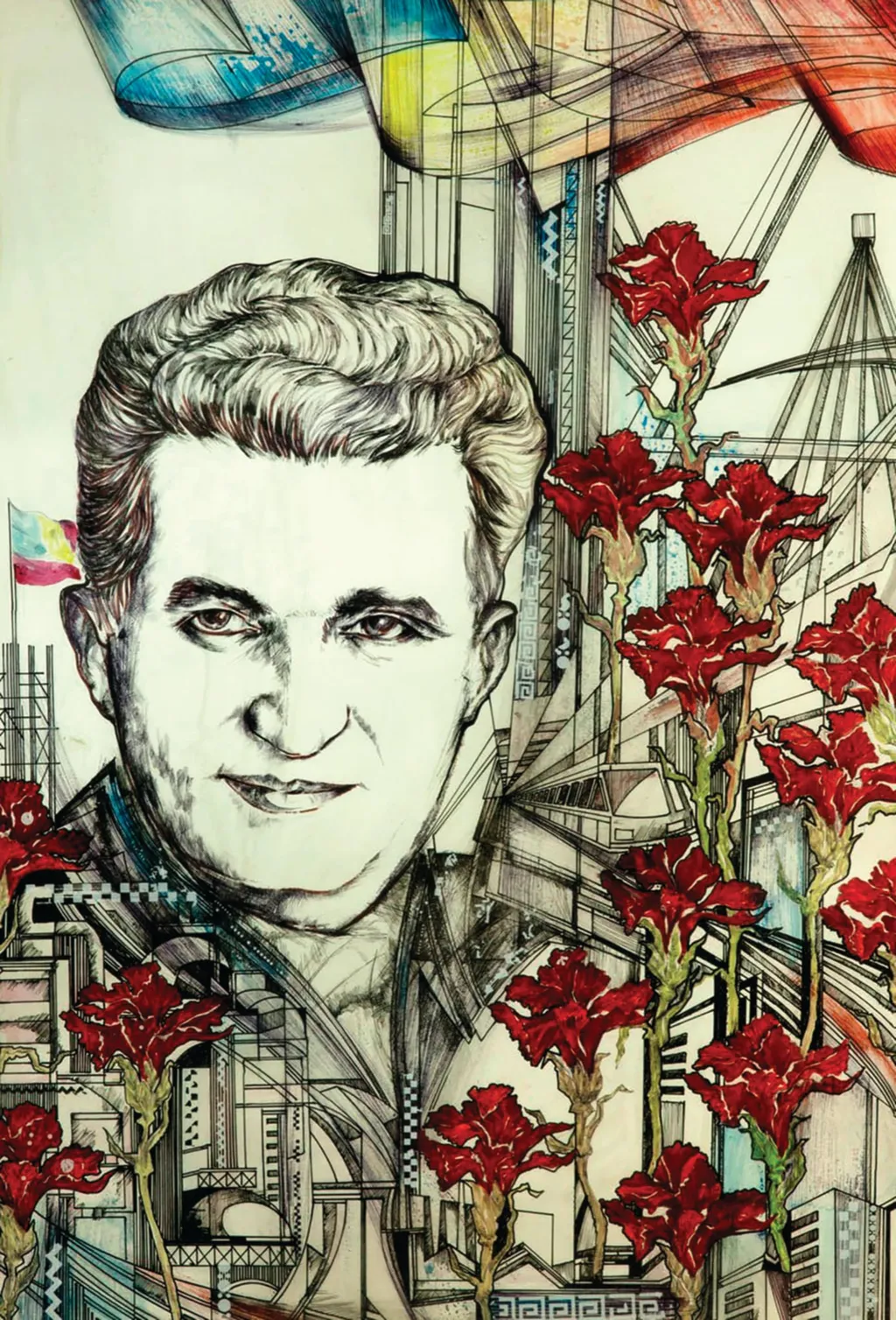 Grafică „Epoca Nicolae Ceaușescu”, tablou atribuit lui Lucian Cociuba. Tabloul îl prezintă pe Nicolae Ceaușescu alături de marile reralizări ale Epocii Socialiste; realizări ornate cu garoafe roșii și tricolor. Comandat de Comitetul Județean de Partid Arad (1988)., by Lucian Cociuba