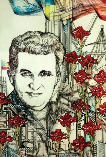 Grafică „Epoca Nicolae Ceaușescu”, tablou atribuit lui Lucian Cociuba. Tabloul îl prezintă pe Nicolae Ceaușescu alături de marile reralizări ale Epocii Socialiste; realizări ornate cu garoafe roșii și tricolor. Comandat de Comitetul Județean de Partid Arad (1988)., by Lucian Cociuba