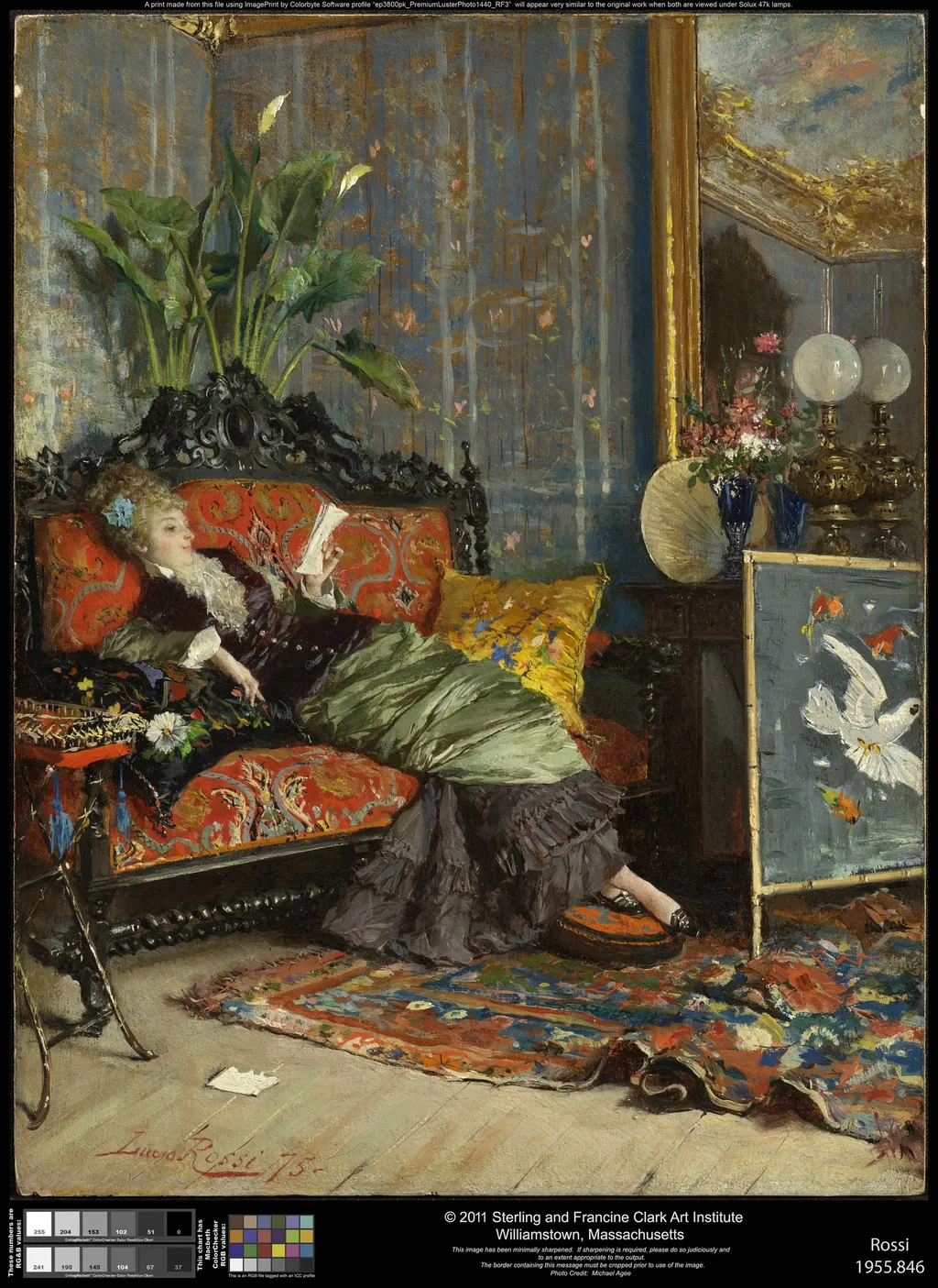 Young Woman Reading, by Lucius Rossi, oil, 1875