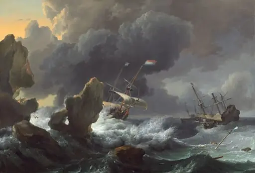 Ships in Distress off a Rocky Coast, by Ludolf Backhuysen