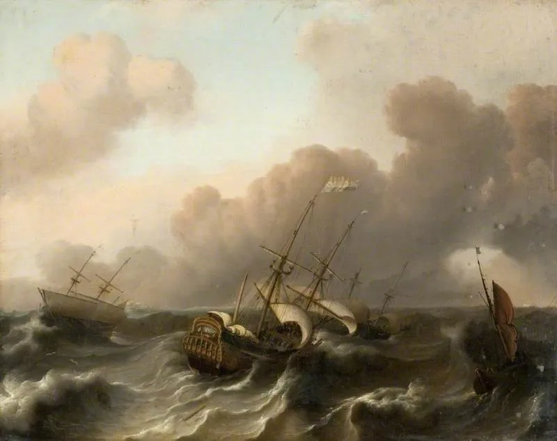 A Dutch Flagship and Other Vessels Running before a Gale, by Ludolf Bakhuizen, oil, 1694