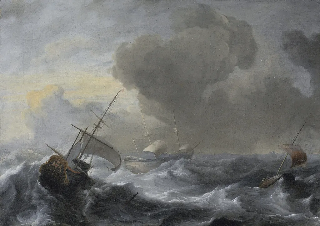 A threemaster with the Amsterdam coat-of-arms, with other vessels, in a storm, by Ludolf Bakhuizen, oil, 1700