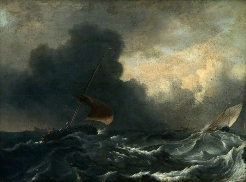 Fishing Boats off the Coast in a Gale, by Ludolf Bakhuizen, oil, 1700