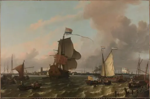 Het oorlogsschip Brielle op de Maas voor Rotterdam, by Ludolf Bakhuizen