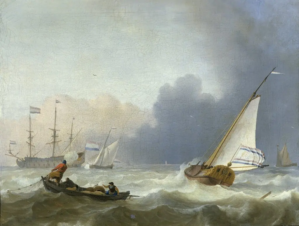 Rough sea with a Dutch yacht under sail, by Ludolf Bakhuizen
