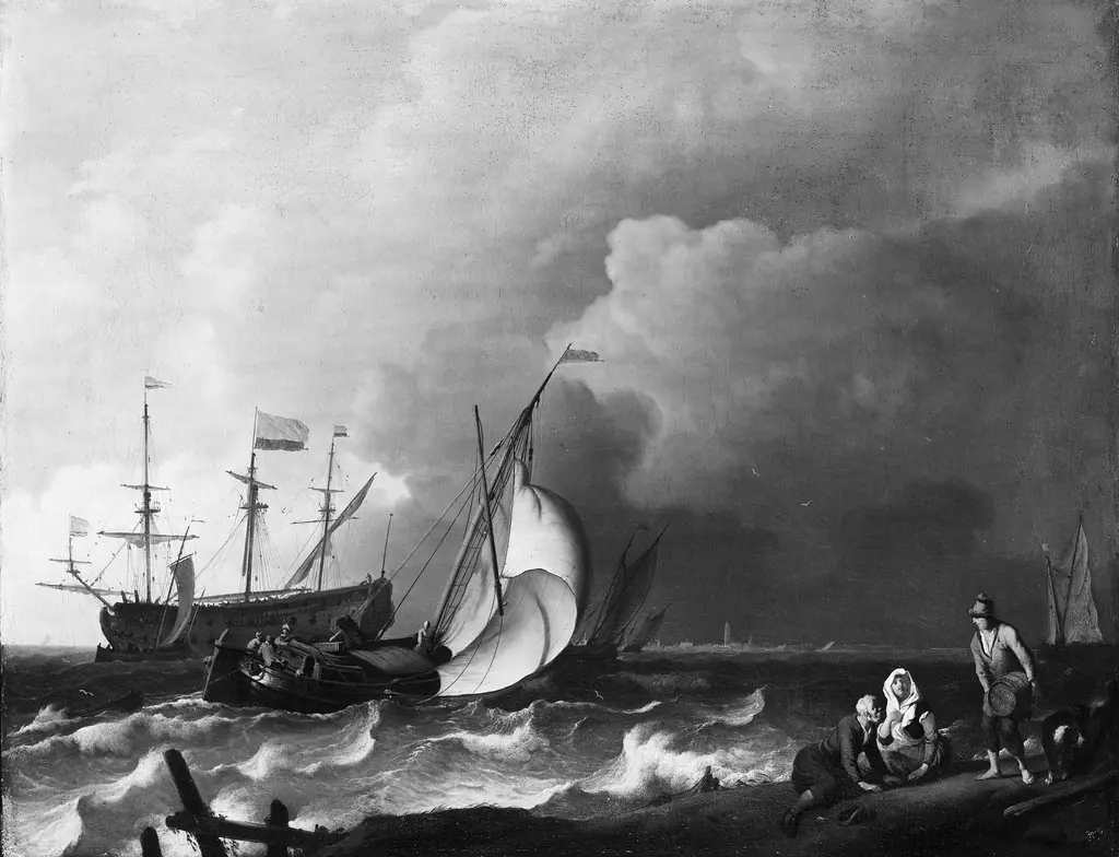 Rough sea with ships, by Ludolf Bakhuizen