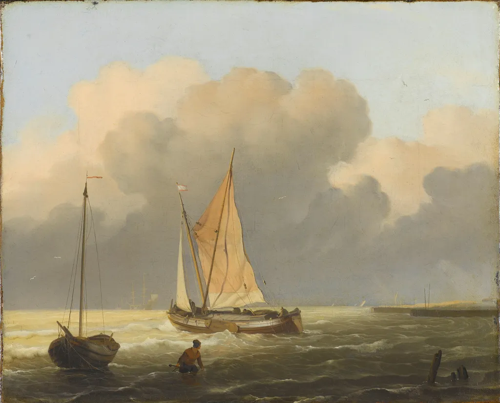 Seas off the coast, with a spiritsail barge, by Ludolf Bakhuizen, oil, 1699
