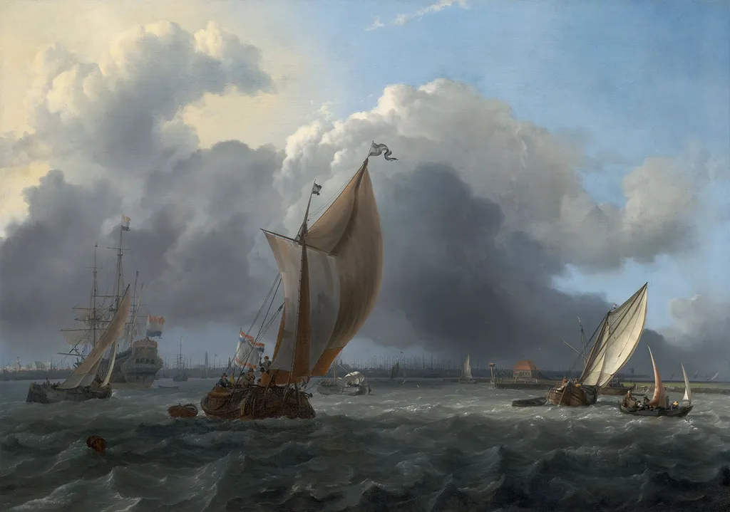 Ships in a Gale on the IJ before the City of Amsterdam, by Ludolf Bakhuizen, oil, 1666