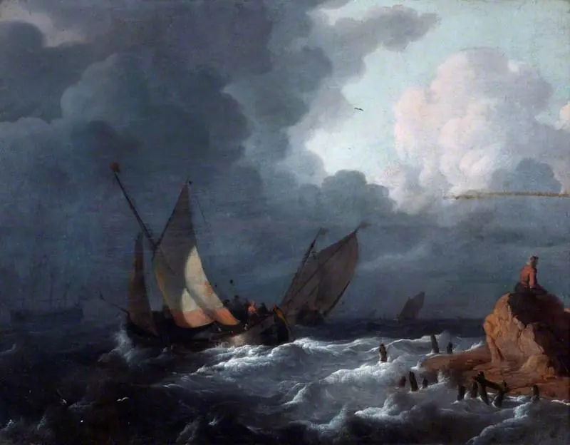 Ships off Shore in a Stormy Sea, by Ludolf Bakhuizen