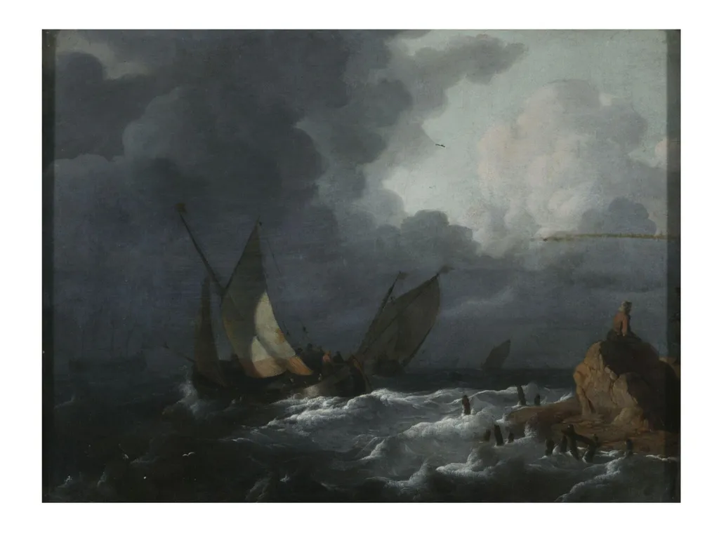 Ships off Shore in a Stormy Sea, by Ludolf Bakhuizen, oil, 1665