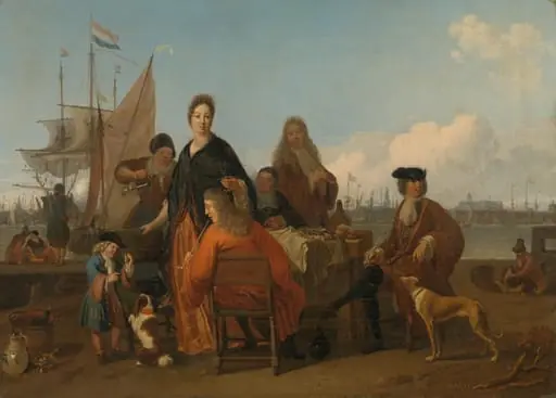 The Bakhuysen and de Hooghe Families dining at the Mosselsteiger (Mussel Pier) on the Y, Amsterdam, by Ludolf Bakhuizen
