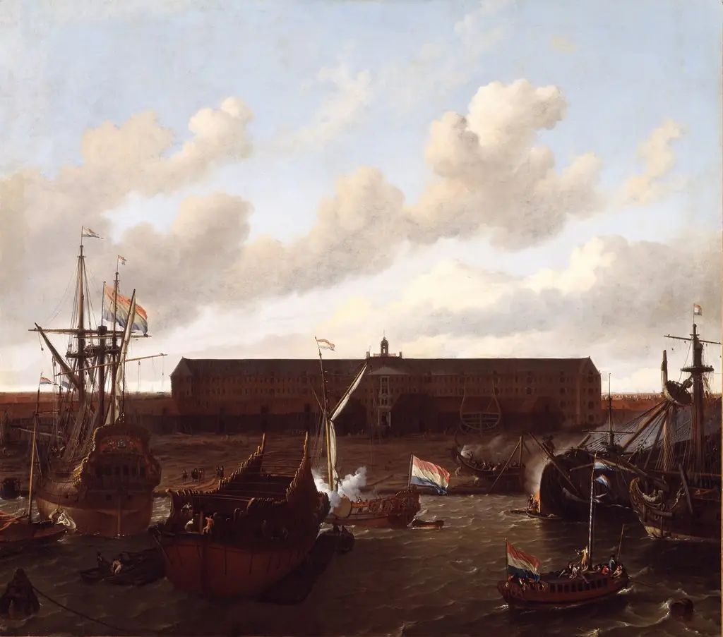 The dock of the Dutch East India Company at Amsterdam, by Ludolf Bakhuizen