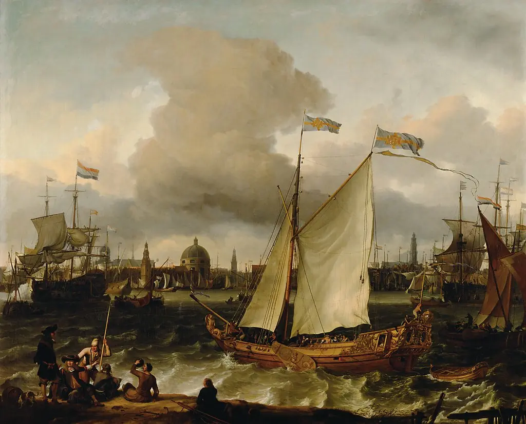 View of the Amsterdam Port with the Swedish Ship 'Lejonet'; the Lutheran Church beyond, by Ludolf Bakhuizen