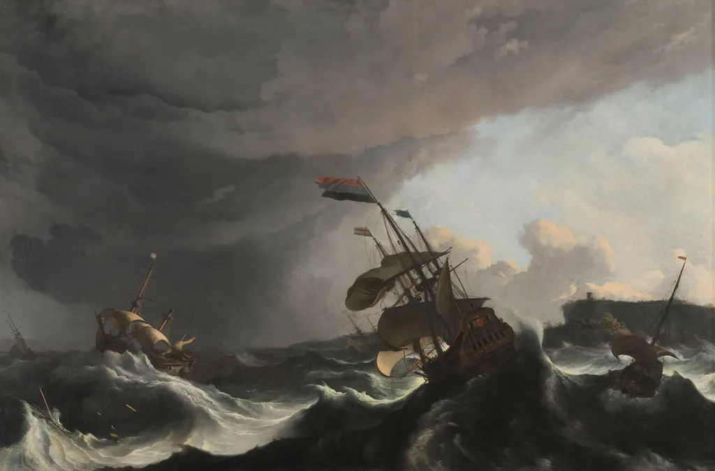 Warships in a Heavy Storm, by Ludolf Bakhuizen, oil, 1698