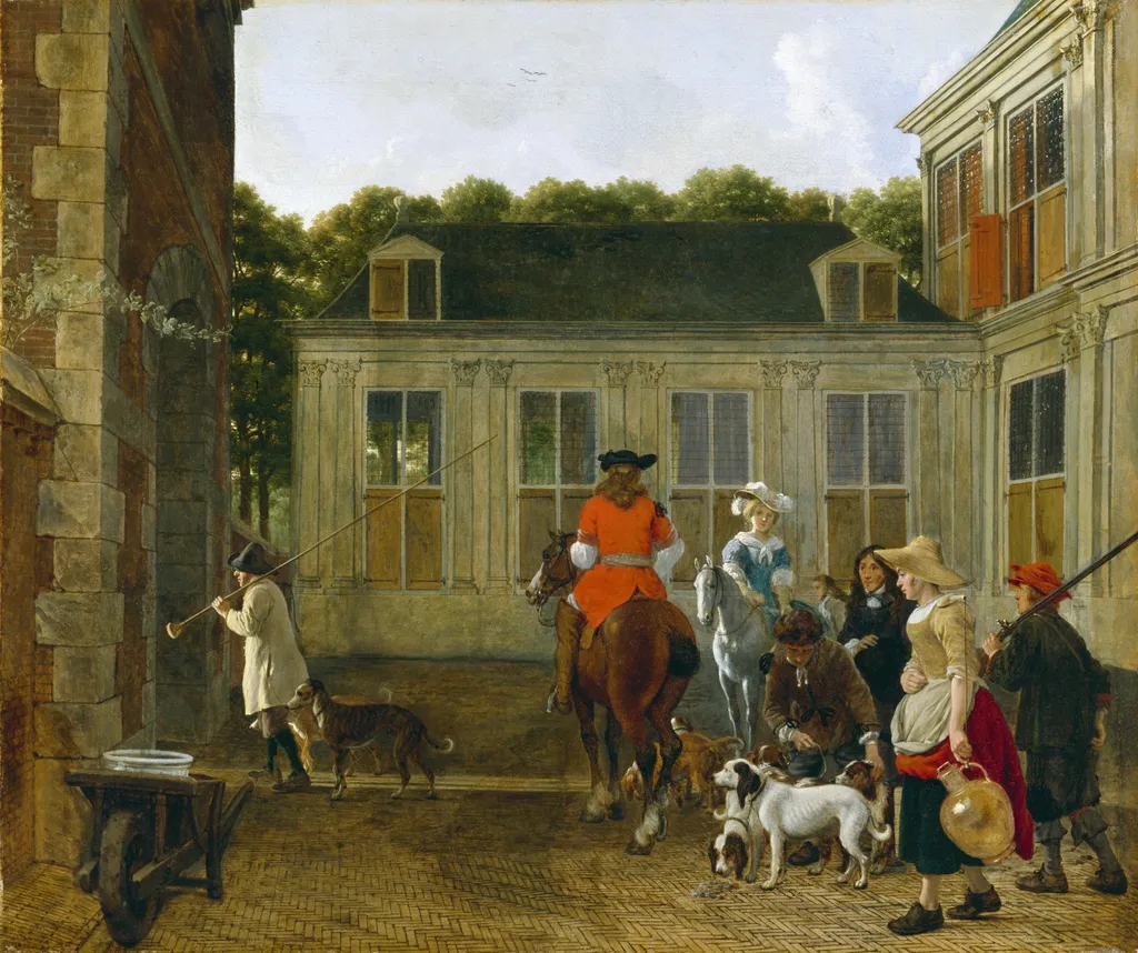 Hunting Party in the Courtyard of a Country House, by Ludolf de Jongh, oil, 1665