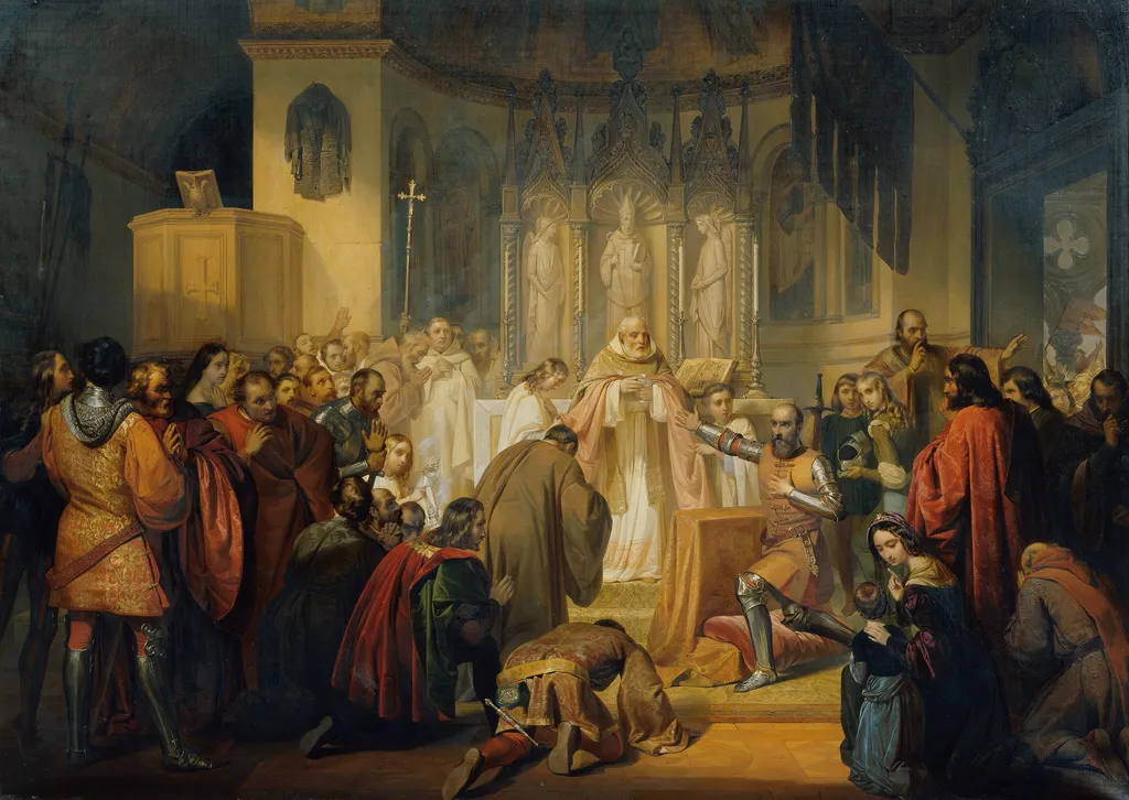 Vittore Pisani receives Holy Communion before taking command of an expedition against the Genoese, by Ludovico Lipparini, oil, 1852