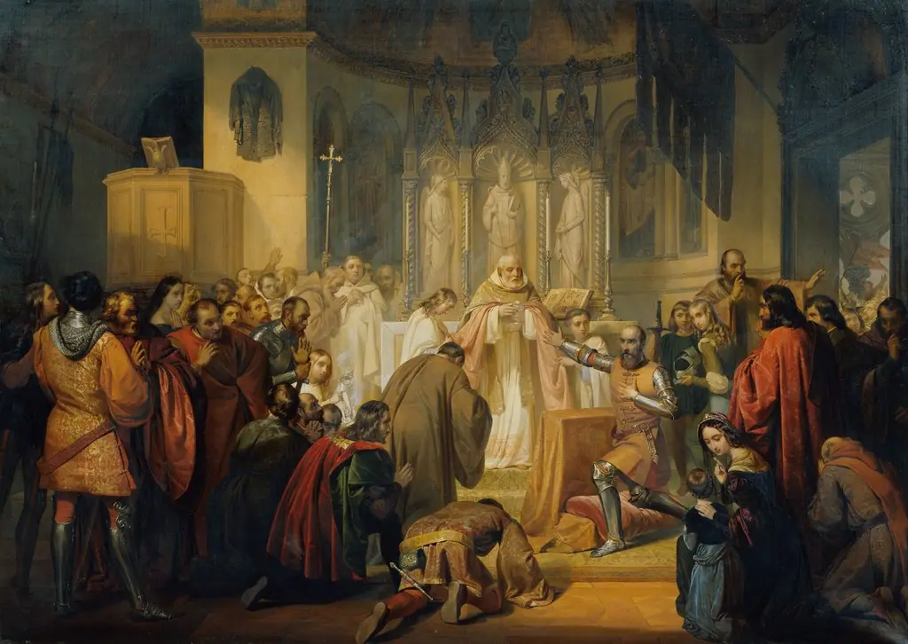 Vittore Pisani receives Holy Communion before taking command of an expedition against the Genoese, by Ludovico Lipparini