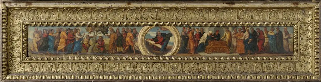 Moses and the ten commandments, the fig tree, and the widow, by Ludovico Mazzolino