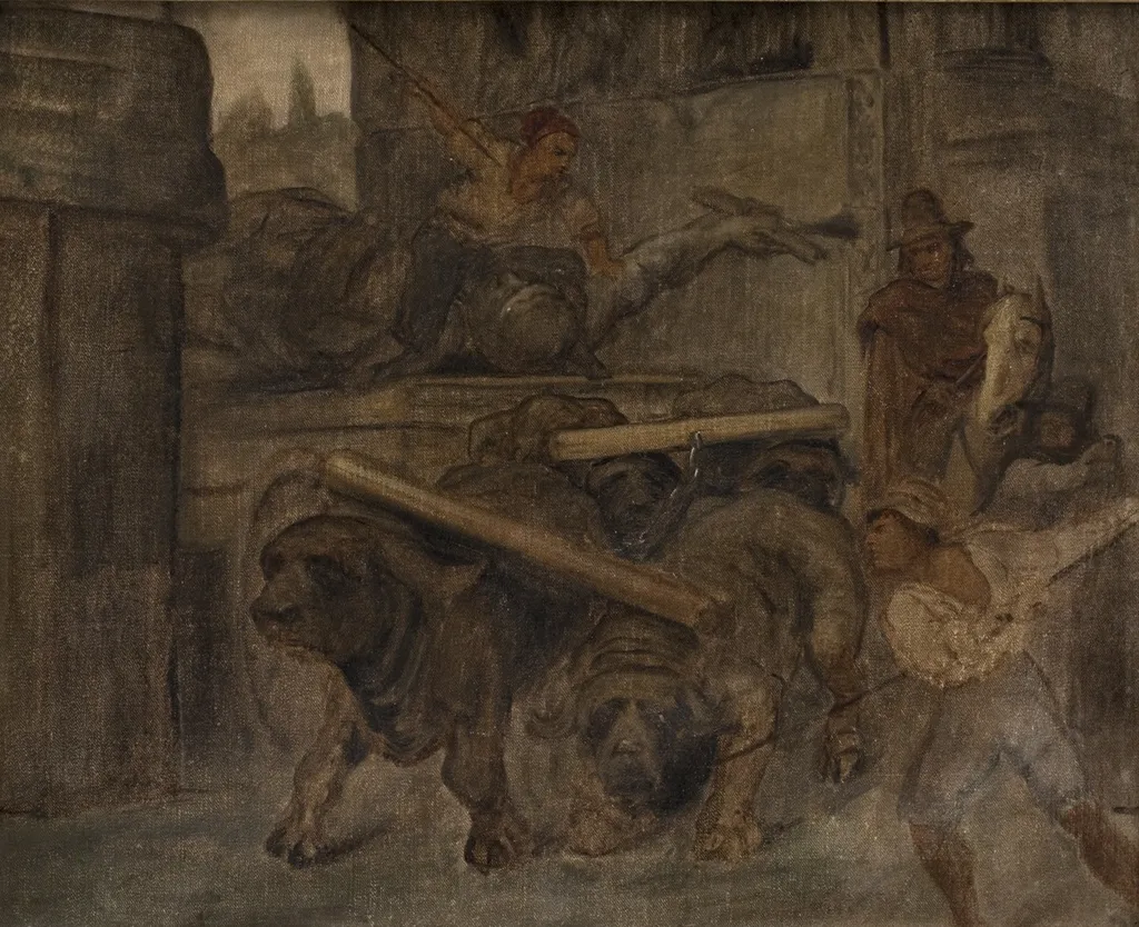 Roman Workmen Transporting an Antique Imperial Statue from the Colosseum through the Arch of Titus to the Capitoline Museums. Study, by Ludvig Abelin Schou, oil, 1866