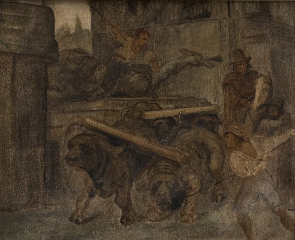 Roman Workmen Transporting an Antique Imperial Statue from the Colosseum through the Arch of Titus to the Capitoline Museums. Study, by Ludvig Abelin Schou