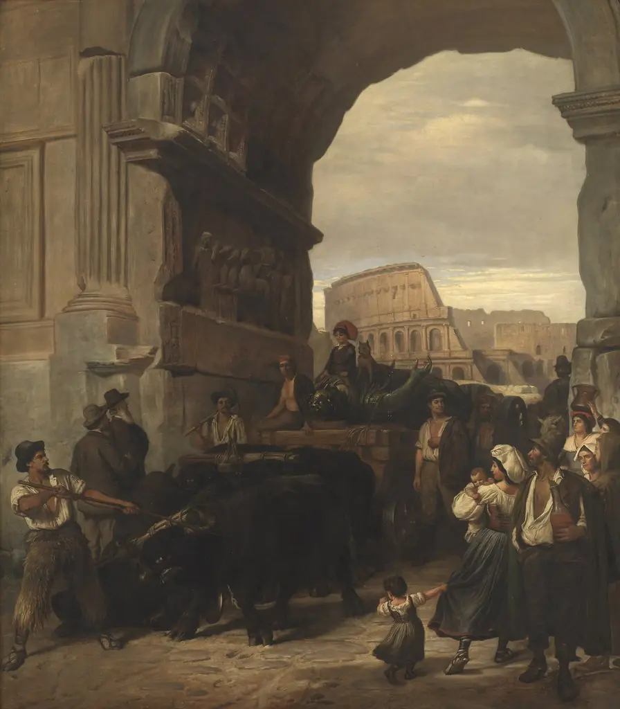 Roman Workmen Transporting an Antique Imperial Statue from the Colosseum through the Arch of Titus to the Capitoline Museums, by Ludvig Abelin Schou