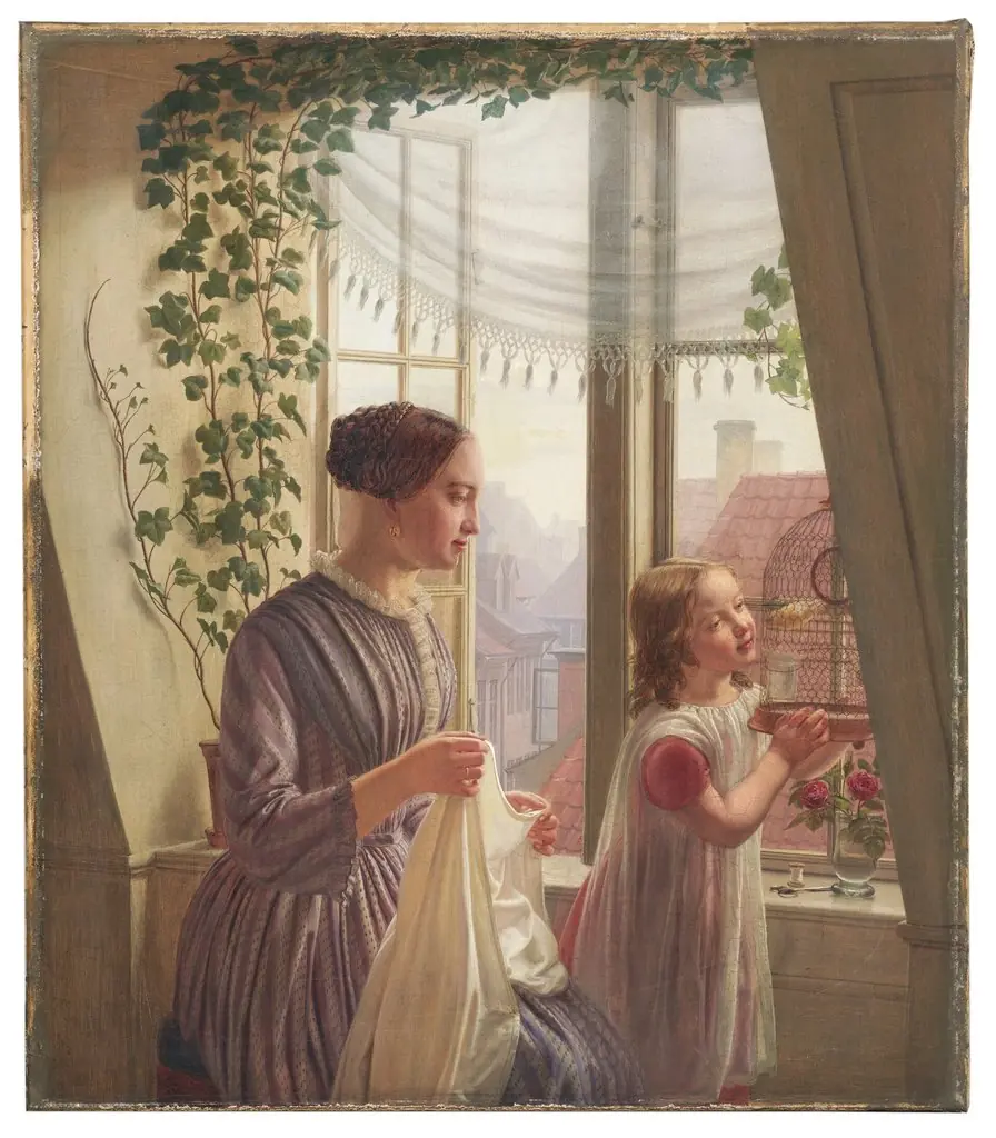 Interior with mother and daughter at the window, by Ludvig August Smith