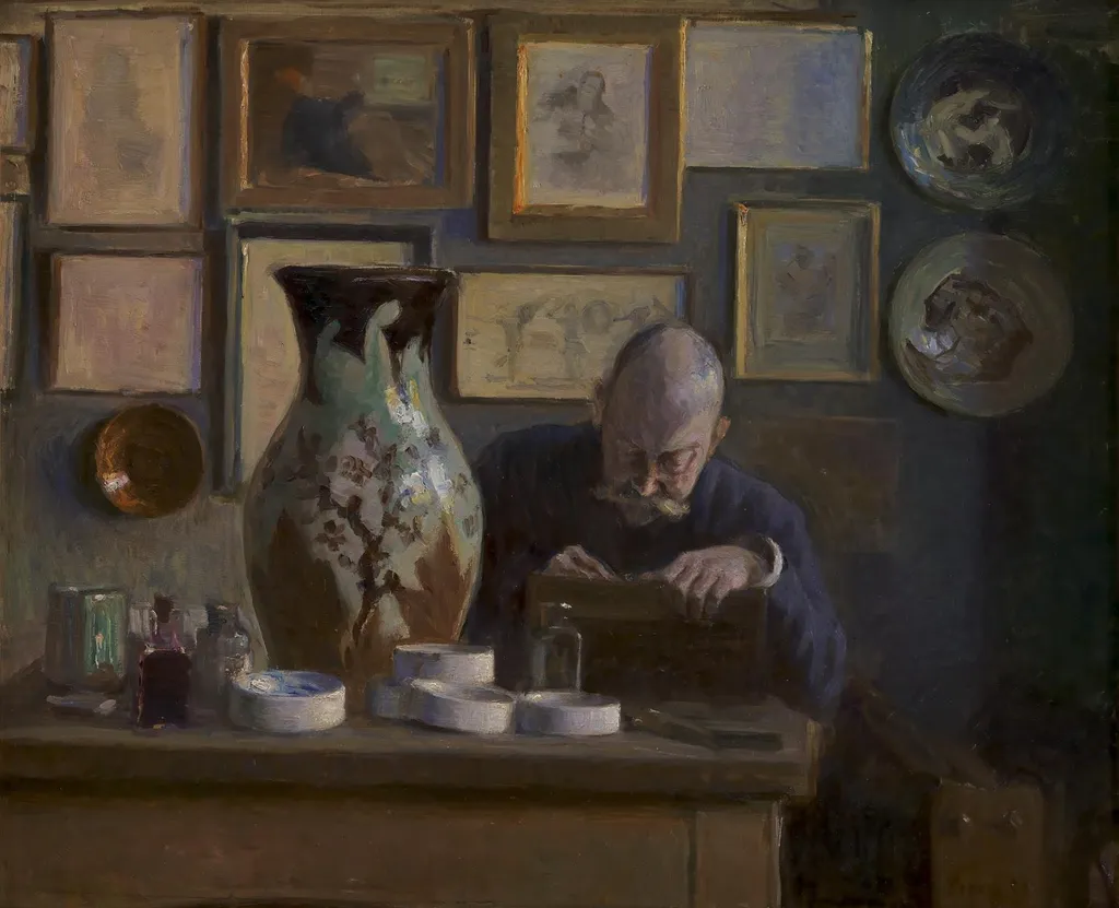 Arkitekten Thorvald Bindesbøll i sin arbejdsstue, by Ludvig Find, oil, 1896