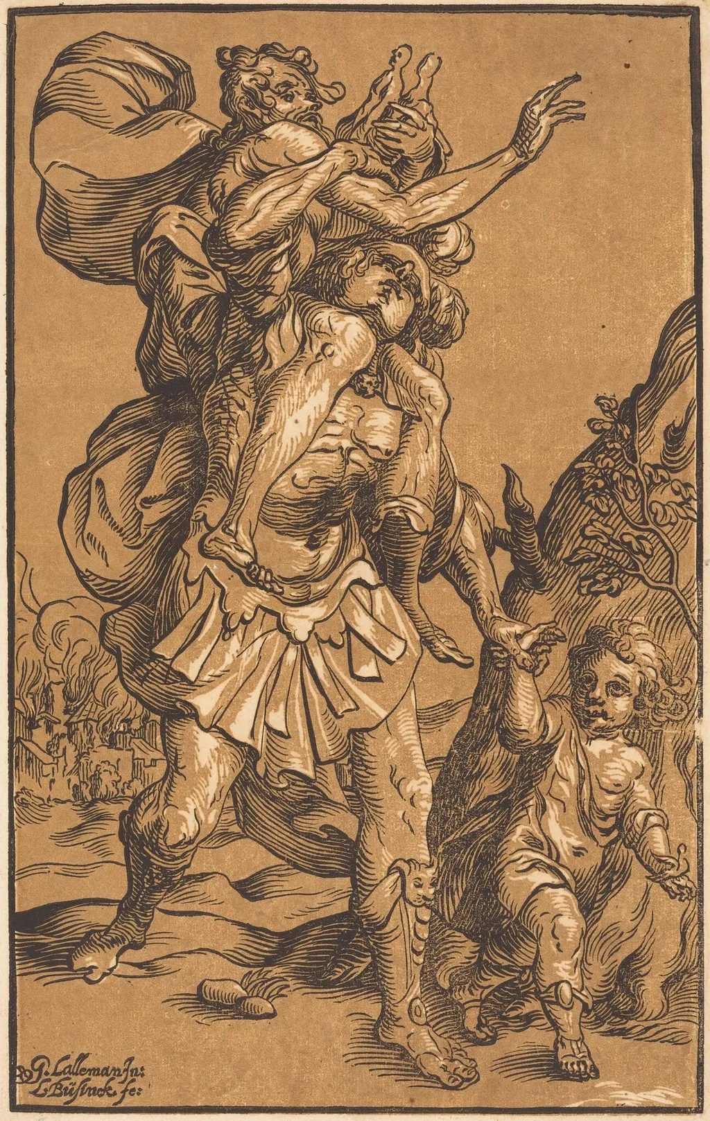 Aeneas Saving His Father from Troy, by Ludwig Büsinck, ink