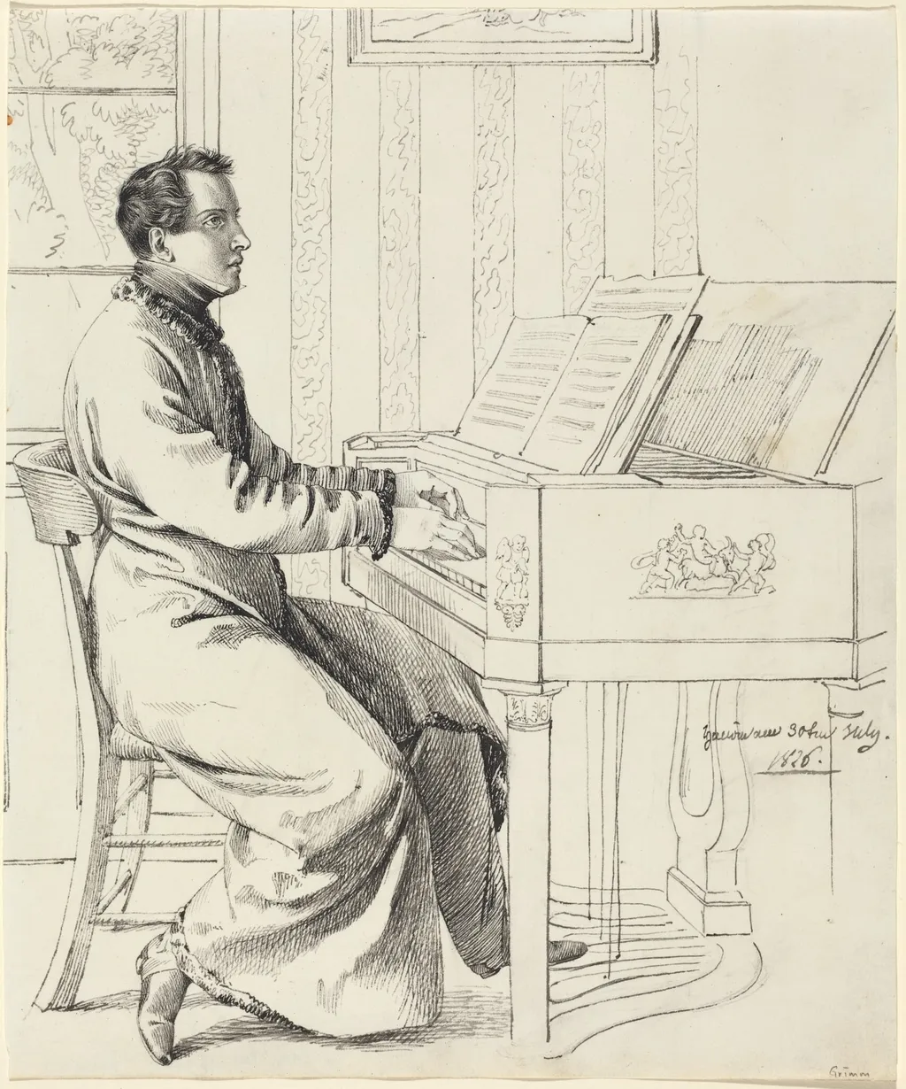 The Artist's Brother-in-Law, Ludwig Hassenpflug, Preparing to Play the Piano, by Ludwig Emil Grimm, ink, 1826