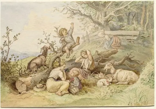 Children and Goats Resting by a Felled Tree, by Ludwig Richter