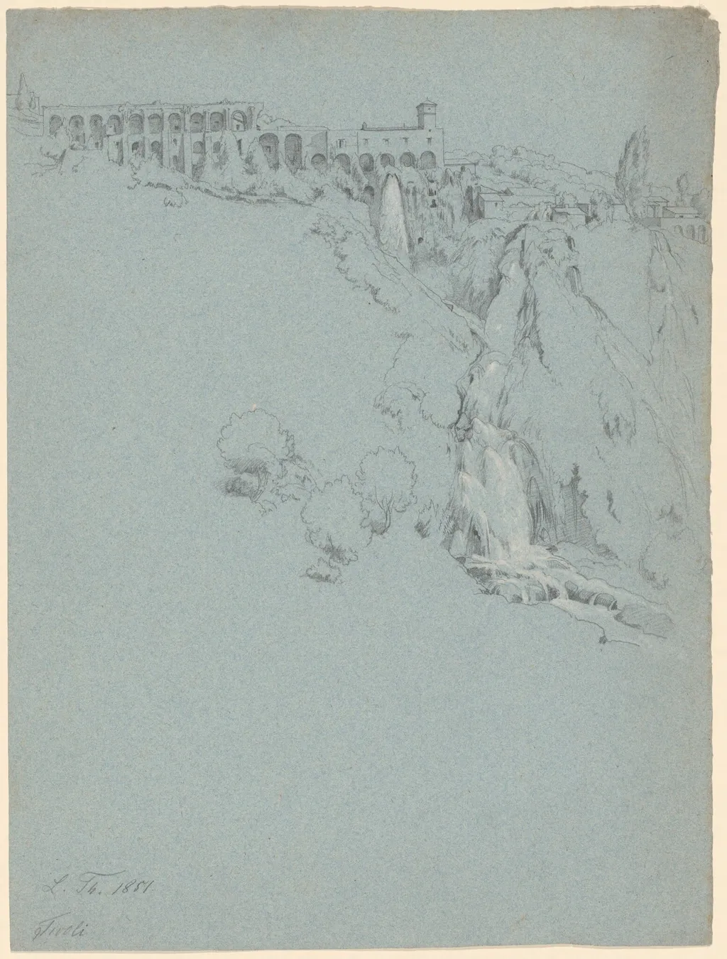 The Waterfall at Tivoli with the Villa of Maecenas, by Ludwig Thiersch, graphite, 1851