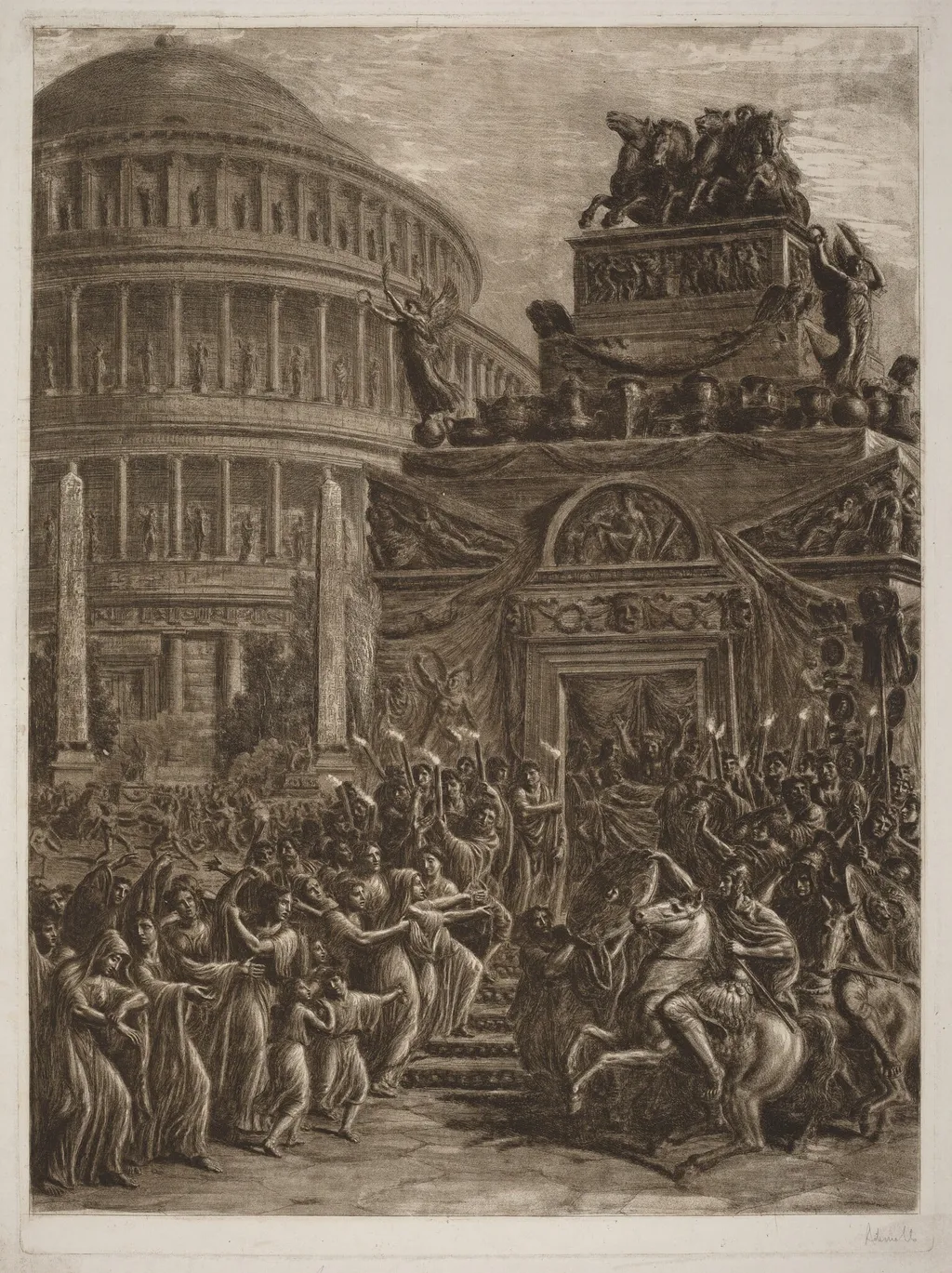 The Body of Hadrian Laying in State next to His Mausoleum, by Luigi Ademollo, ink, 1764