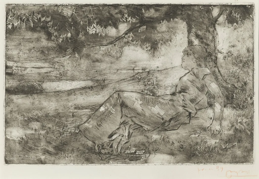 Young Girl under a Tree, by Luigi Conconi, ink, 1907