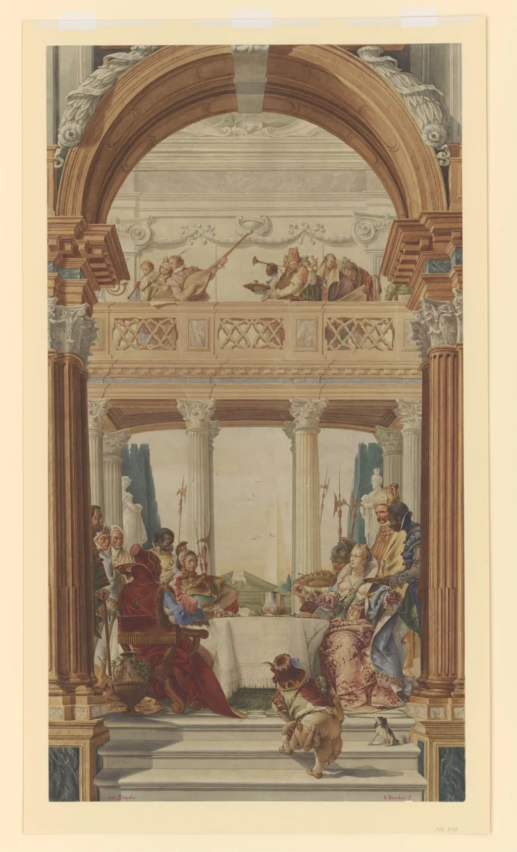Copy after Giambattista Tiepolo’s fresco of the ‘Banquet of Antony and Cleopatra’ in the Ballroom Palazzo Labia, Venice (1746-1747), 1883., by Luigi Desideri, watercolor, 1883