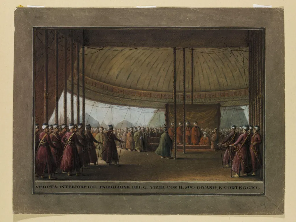 Interior of the Pavilion of the Grand Vizir with his Divan and Retinue, by Luigi Mayer, watercolor, 1800