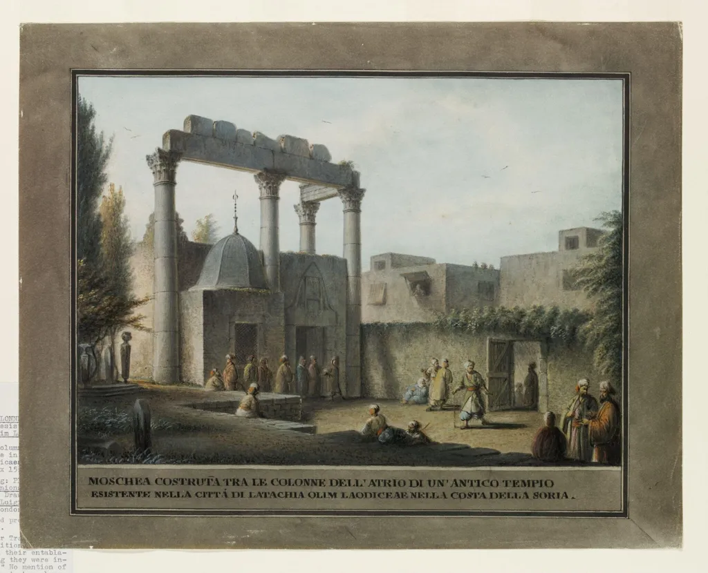 Mosque built between the columns of an ancient temple in Latakia on the coast of Syria, about 1800, by Luigi Mayer, watercolor, 1800