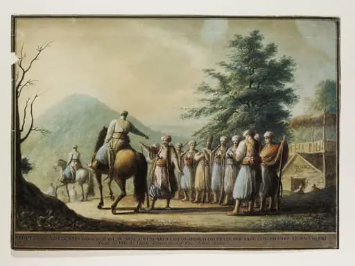 View of Mount Emo [Haemus] or Great Balkan in Bulgaria with guards assembled to collect a toll from travellers, by Luigi Mayer