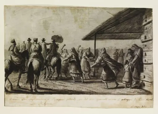 Women greeting travellers by throwing barley to them, observed near the village of Ciala Kavak [Kawak] in Bulgaria, by Luigi Mayer