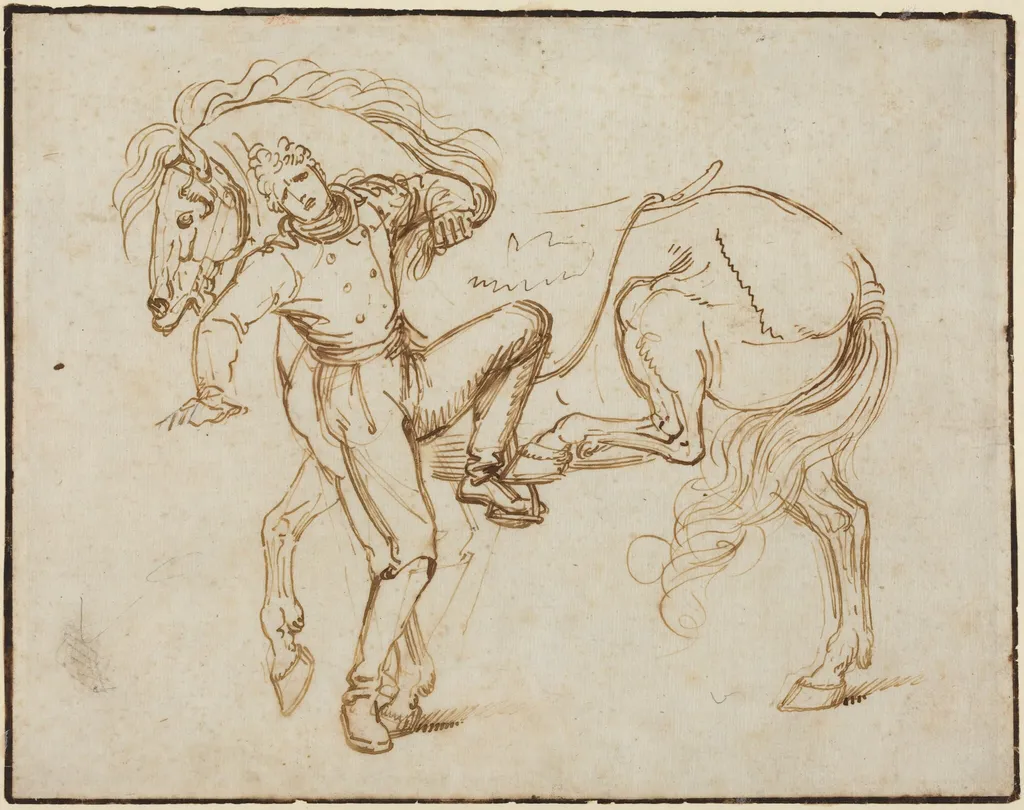 Cavalryman Mounting a Horse, by Luigi Sabatelli I, ink, 1811