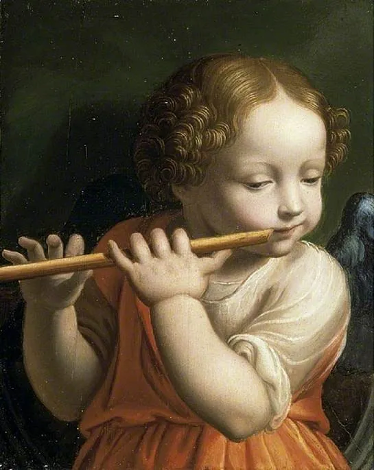 Child Angel playing a flute, by Luini Bernardino, oil, 1516