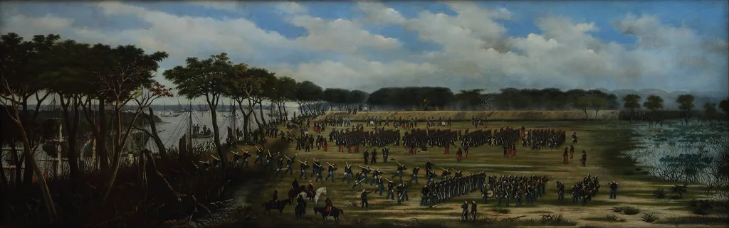 Desembarco del Ejército Argentino frente a las trincheras de Curuzú, by Luis Candido Lopez, oil, 1896