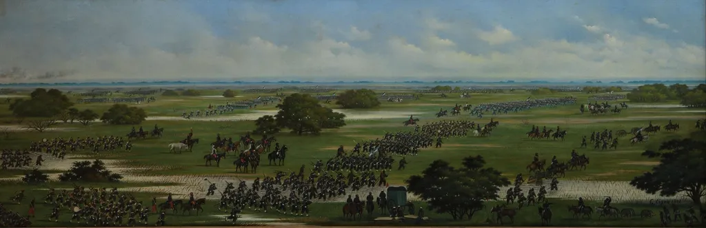 Marcha del Ejército Argentino a tomar posiciones para el ataque a Curupaytí el 22/09/1866, by Luis Candido Lopez, oil, 1902