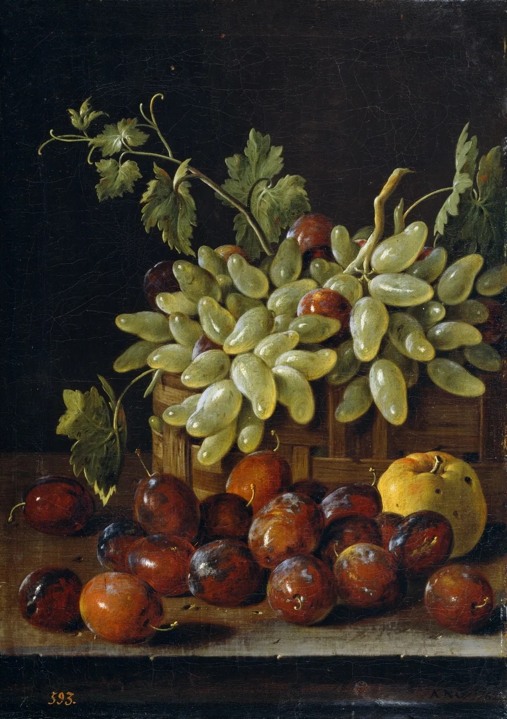 Bodegón con ciruelas cesta de uvas y manzana, by Luis Egidio Meléndez, oil, 1762