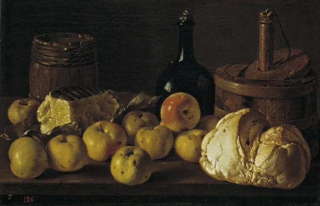 Bodegón con manzanas pan queso y recipientes