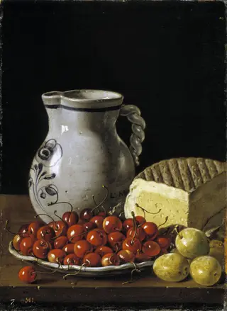 Still Life with a Plate of Cherries Plums a Pitcher and Cheese, by Luis Egidio Meléndez