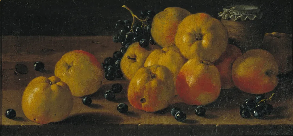 Still Life with Apples, Grapes and a Pot of Jam, by Luis Egidio Meléndez, oil, 1750