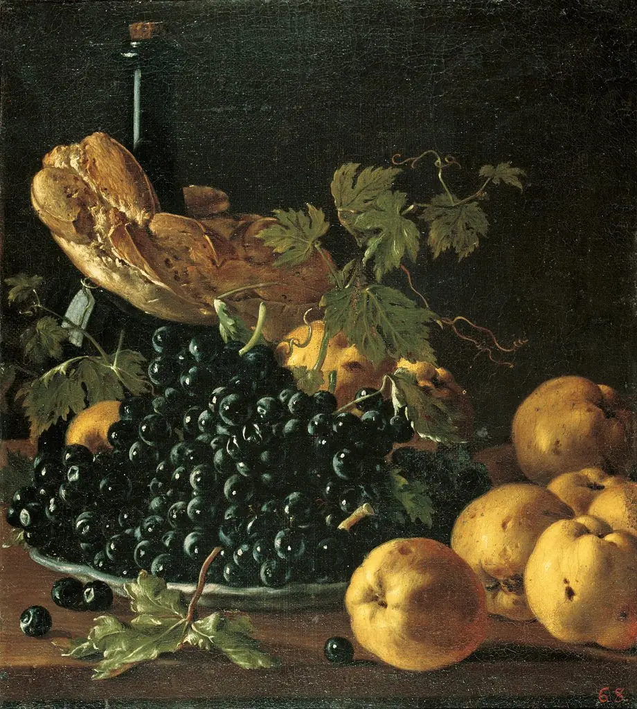 Still Life with Bread, Apples, Grapes and a Bottle, by Luis Egidio Meléndez