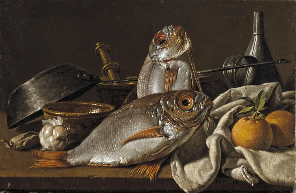 Still Life with Breams, Oranges, Garlic, Condiments, and Kitchen Utensils, by Luis Egidio Meléndez