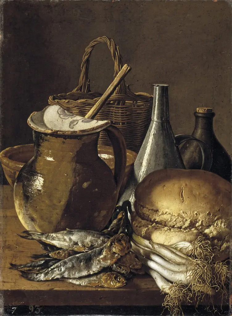 Still Life with Herrings Chives Garlic and Kitchen Utensils