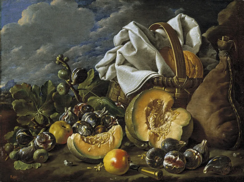 Still Life with Melon Figs Apples Wineskin and Picnic Hamper in a Landscape, by Luis Egidio Meléndez, oil, 1751